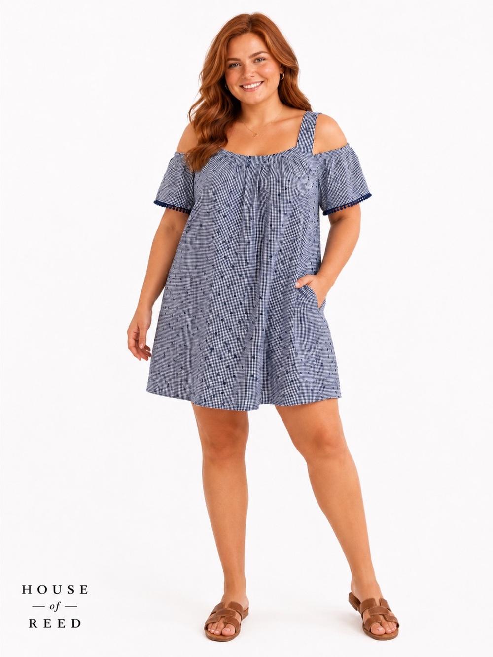 London Times Blue Gingham‎ Cold Shoulder Dress Plus Size 16 Cotton Cottagecore